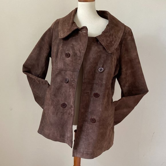 XOXO Chocolate Brown Suede Coat Double Breasted Jacket size L - Picture 7 of 14